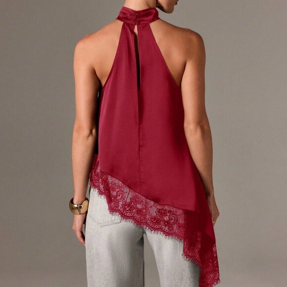 Burgundy elegant Women's Sleeveless High Neck Lace Trim Asymmetric Satin Top - Picture 2 of 5